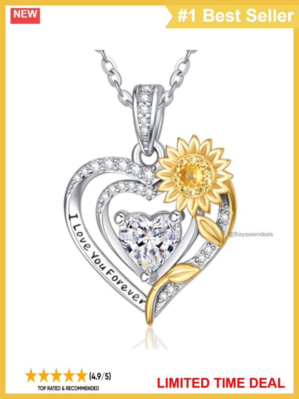 Sterling Silver Sunflower Heart Necklace Cubic Zirconia Pendant